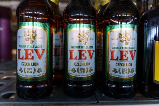 Tyumen, Russia-February 25, 2023: Light beer in the style of LEV Pilsner Czech light lager
