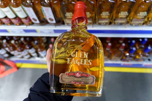 Tyumen, Russia-March 17, 2023: Glen Eagles whiskey on the shelves of the store.