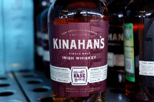 Tyumen, Russia-March 17, 2023: Irish whiskey Kinahans on the shelves of the store.