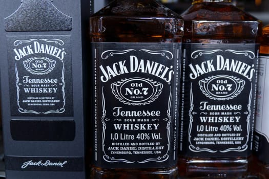 Tyumen, Russia-March 17, 2023: Bottles of Jack Daniels Tennessee whiskey. Highest selling American whiskey in the world
