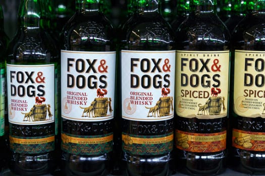 Tyumen, Russia-March 17, 2023: Fox and Dogs whiskey is a classic blend of Scottish malt and grain distillates.
