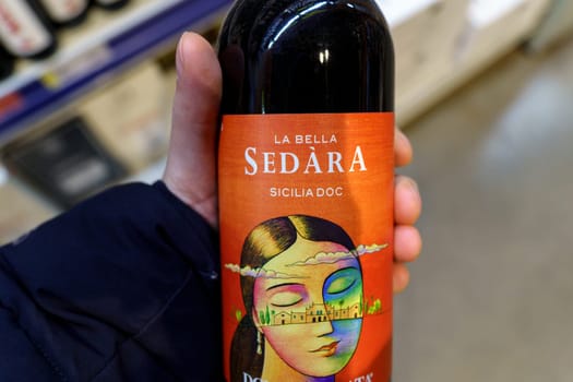 Tyumen, Russia-March 17, 2023: Donnafugata Sedara wine, which was founded in 1983 by Giacomo Rallo together with his wife Gabriella