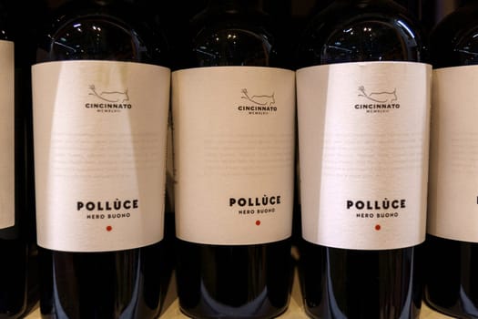 Tyumen, Russia-March 17, 2023: Cincinnato Polluce Nero Buono dry red wine, made from grapes grown in the province of Lazio