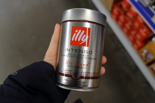 Tyumen, Russia-March 17, 2023: Illy Intenso coffee in a can. A unique method of storing coffee is used pressurization.