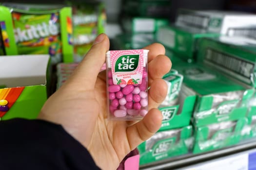 Tyumen, Russia-March 17, 2023: Tic Tac mint, used to refresh the mouth, cooling breath and gives off a pleasing smell. Selective focus