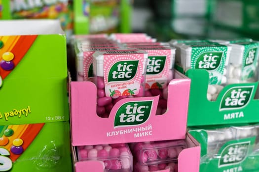 Tyumen, Russia-March 17, 2023: Tic Tac brand pastilles manufactured by Ferrero. Sale of sweets in the supermarket