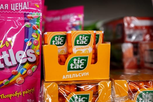 Tyumen, Russia-March 17, 2023: Tic Tac Candy is popular due its minty fresh taste. Tic Tac is a brand owned by Ferrero.