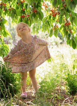 A beautiful, happy, Caucasian little girl stands under a cherry tree in a country house in a bright dress, in the rays of the setting sun, poses cutely and smiles.