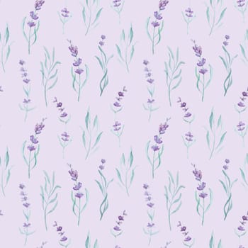 Beautiful lavender provence plant watercolor seamless pattern. Purple blossom flower composition aquarelle drawing for postcard design
