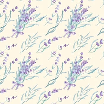 Beautiful lavender provence plant watercolor seamless pattern. Purple blossom flower composition aquarelle drawing for postcard design