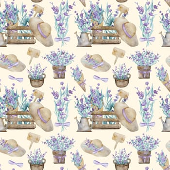 Beautiful lavender provence bouquet in wooden box, garden hat and watering can watercolor seamless pattern. Purple blossom flower from France aquarelle drawing