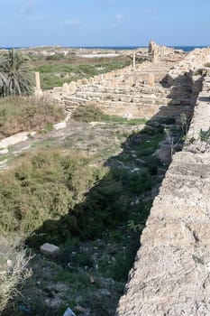 Archaeological site of Leptis Magna, Libya - 10/30/2006: The Ruins of the harbour in the ancient Roman city of Leptis Magna.