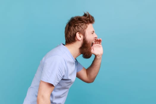 Side view of angry nervous bearded man loudly yelling widely opening mouth holding hands on face, screaming announcing his opinion. Indoor studio shot isolated on blue background.