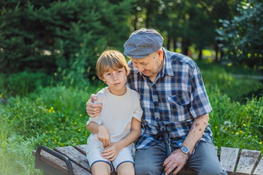 Great-grandfather and great-grandson spend time together in the park.