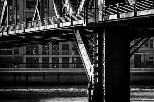 Abstract Bridge close up architectural detail monochrome background. High resolution black and white image.