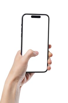 Phone in hand on a white isolated background. A woman holds a phone in her hand close-up and presses the screen of the phone with her finger. Blank white phone screen with copy space