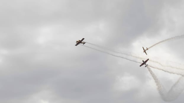 Moscow Russia Zhukovsky Airfield 25 July 2021: performance of aerobatic aircraft Yak-52 the international aerospace salon MAKS-2021.