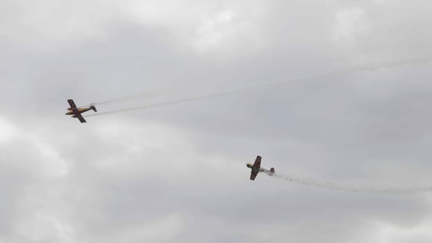 Moscow Russia Zhukovsky Airfield 25 July 2021: performance of aerobatic aircraft Yak-52 the international aerospace salon MAKS-2021.
