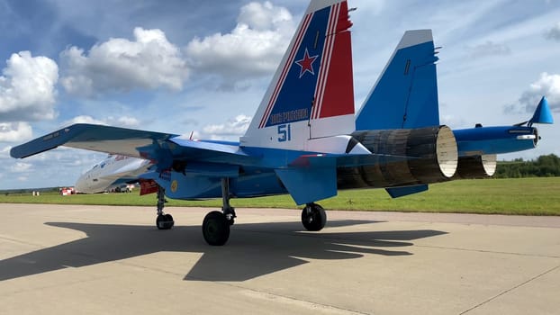 Moscow Russia Zhukovsky Airfield 25 July 2021: Aerobatic teams Russian Knights on planes Su-35 of the international aerospace salon MAKS-2021.