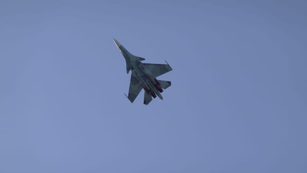 Moscow Russia Zhukovsky Airfield 25 July 2021: aerobatic Su-30 perfoming demonstration flight of the international aerospace salon MAKS-2021.