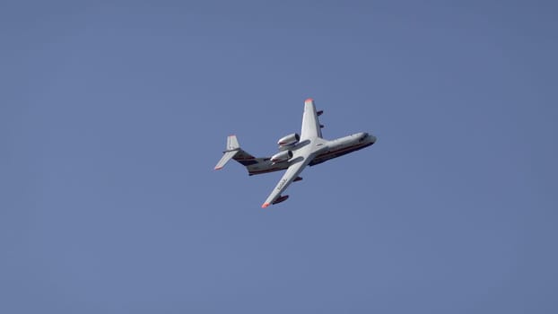Moscow Russia Zhukovsky Airfield 31 August 2019: Demonstration flight of a jet multipurpose amphibious aircraft be-200 the international aerospace salon MAKS-2019.