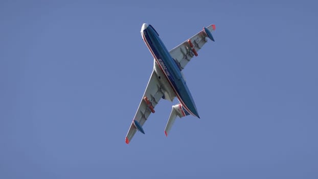 Moscow Russia Zhukovsky Airfield 31 August 2019: Demonstration flight of a jet multipurpose amphibious aircraft be-200 the international aerospace salon MAKS-2019.