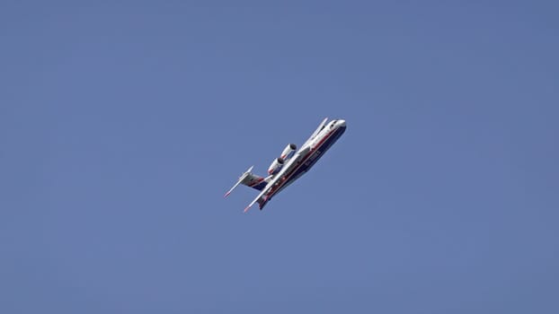 Moscow Russia Zhukovsky Airfield 31 August 2019: Demonstration flight of a jet multipurpose amphibious aircraft be-200 the international aerospace salon MAKS-2019.