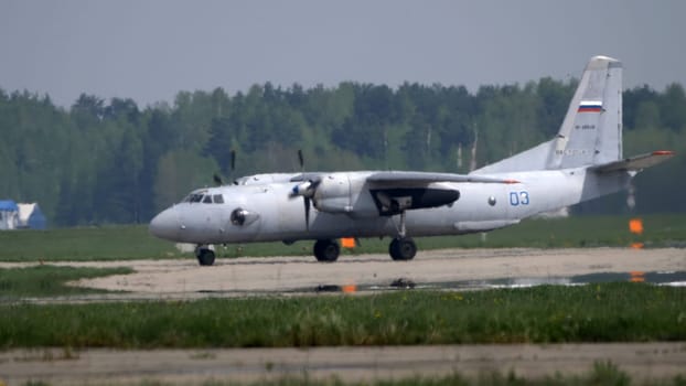 KUBINKA, RUSSIA - May, 15, 2021: Takeoff of An-30 STRIZHI Aerobatic Team 30TH Anniversary Event.