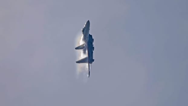 Moscow Russia Zhukovsky Airfield 25 July 2021: Aerobatic teams Russian Knights on planes Su-35 of the international aerospace salon MAKS-2021.