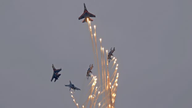 Moscow Russia Zhukovsky Airfield 25 July 2021: Aerobatic teams Russian Knights on planes Su-35 of the international aerospace salon MAKS-2021.