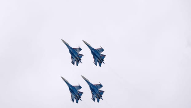Moscow Russia Zhukovsky Airfield 25 July 2021: Aerobatic teams Russian Knights on planes Su-35 of the international aerospace salon MAKS-2021.