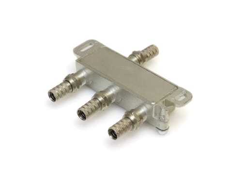 Antenna cable connectors, metal plug on white, macro.