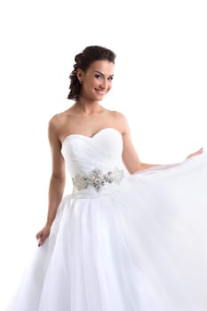 Portrait of happy charming bride on white background, close-up