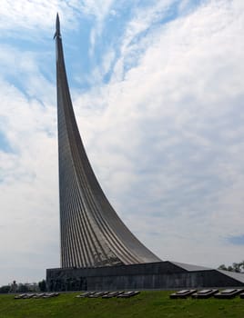 Conquerors of Space Monument in the park outdoors of Cosmonautics museum, near VDNK exhibition center, Moscow, Russia