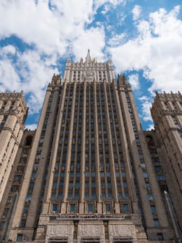 The main building of Ministry of Foreign Affairs is one of the famous seven skyscrapers, built in Stalinist style in Moscow Russia.
