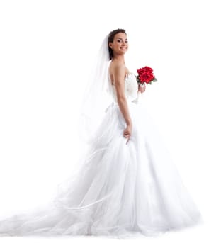 Stylish smiling bride posing with red bouquet, isolated on white