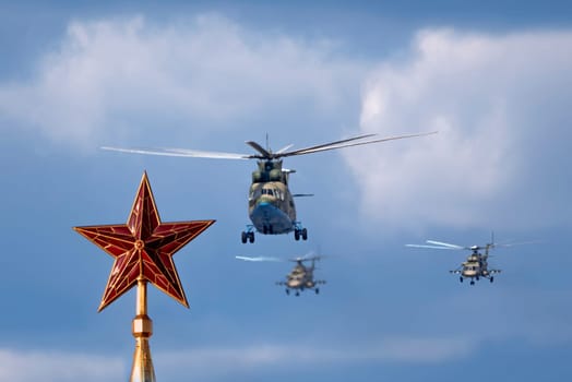 MOSCOW , RUSSIA, June 10, 2019: Ruby star on the spire of the Spasskaya Tower of the Moscow Kremlin on June 10, 2019 in Moscow, Russia.