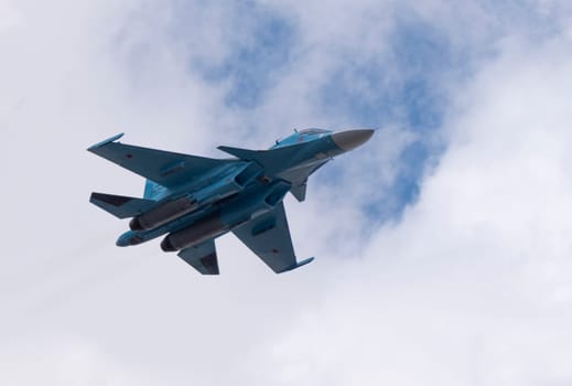 MOSCOW, RUSSIA - MAY 7, 2021: Avia parade in Moscow. jet fighter aircraft Su-30 in the sky on parade of Victory in World War II in Moscow, Russia