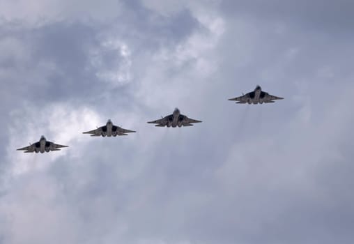 MOSCOW, RUSSIA - MAY 7, 2021: Avia parade in Moscow. Sukhoi Su-57 in the sky on parade of Victory in World War II in Moscow, Russia