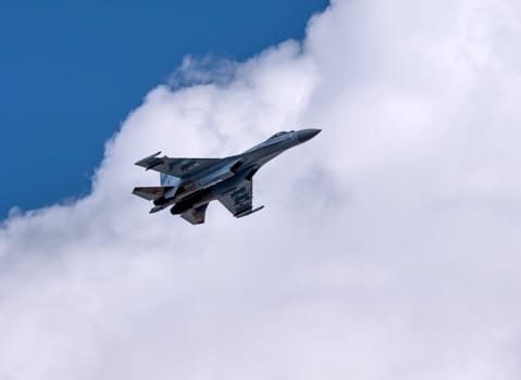MOSCOW, RUSSIA - MAY 7, 2021: Avia parade in Moscow. jet fighter aircraft Su-35 in the sky on parade of Victory in World War II in Moscow, Russia