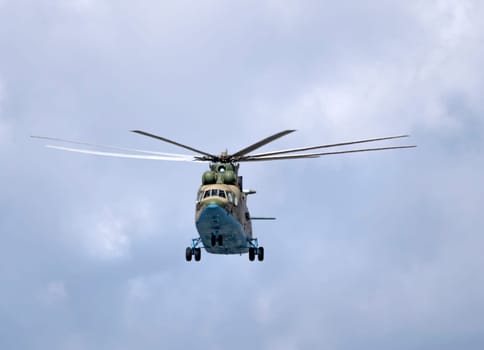 MOSCOW, RUSSIA - MAY 7, 2021: Avia parade in Moscow. Mi-26 helicopters fly in the sky on parade of Victory in World War II in Moscow, Russia