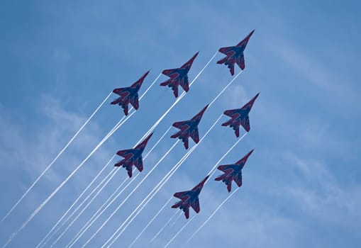 Moscow Russia Zhukovsky Airfield 31 August 2019: aerobatic team swifts MiG-29 perfoming demonstration flight of the international aerospace salon MAKS-2019.