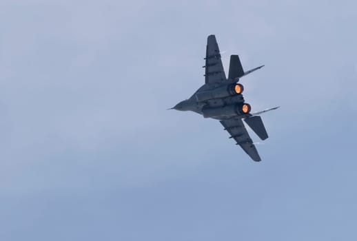 Moscow Russia Zhukovsky Airfield 31 August 2019: aerobatic MiG-29 perfoming demonstration flight of the international aerospace salon MAKS-2019.