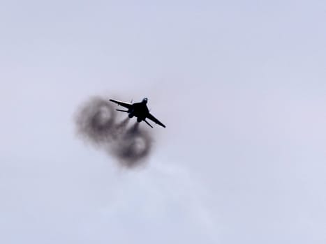 Moscow Russia Zhukovsky Airfield 31 August 2019: aerobatic MiG-29 perfoming demonstration flight of the international aerospace salon MAKS-2019.