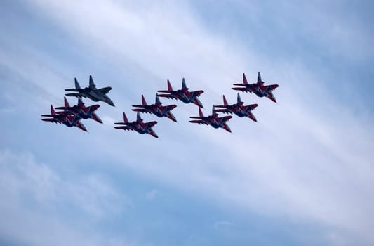 Moscow Russia Zhukovsky Airfield 31 August 2019: aerobatic team swifts MiG-29 perfoming demonstration flight of the international aerospace salon MAKS-2019.