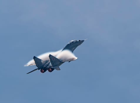 Moscow Russia Zhukovsky Airfield 31 August 2019: aerobatic MiG-29 perfoming demonstration flight of the international aerospace salon MAKS-2019.