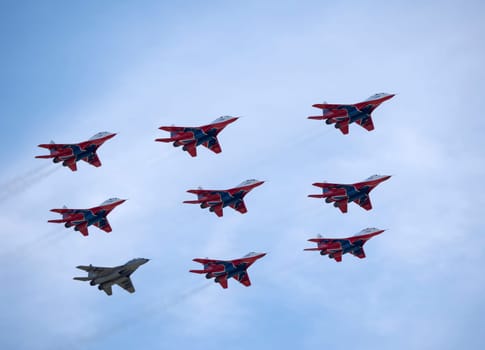 Moscow Russia Zhukovsky Airfield 31 August 2019: aerobatic team swifts MiG-29 perfoming demonstration flight of the international aerospace salon MAKS-2019.