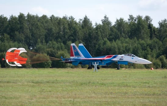 Moscow Russia Zhukovsky Airfield 31 August 2019: The Russian Knights Russkie Vityazi aerobatic team performs a demonstration flight with aerobatics figures of the international aerospace salon MAKS-2019.