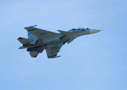 Moscow Russia Zhukovsky Airfield 31 August 2019: The Russian Knights Russkie Vityazi aerobatic team performs a demonstration flight with aerobatics figures of the international aerospace salon MAKS-2019.