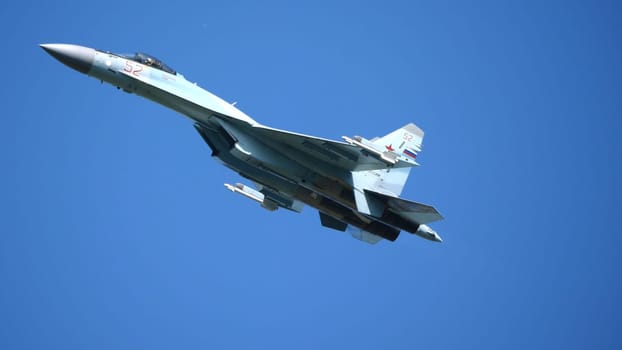 Moscow Russia Zhukovsky Airfield 31 August 2019: aerobatic Su-35 perfoming demonstration flight of the international aerospace salon MAKS-2019.